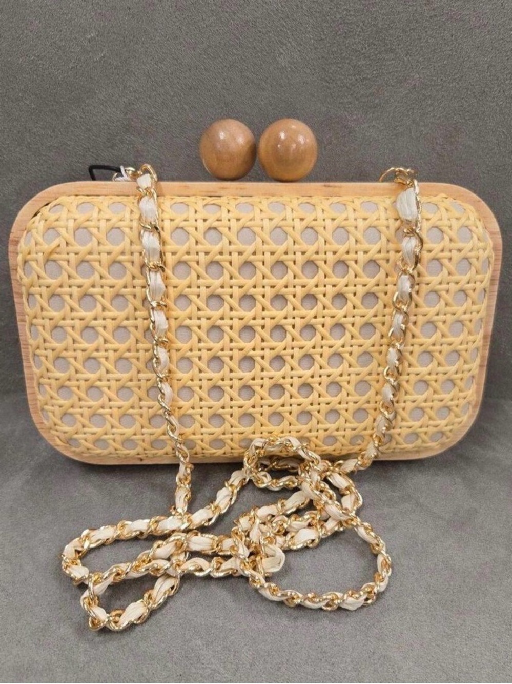 Woven Rattan Beige Crossbody Clutch with Chain Strap